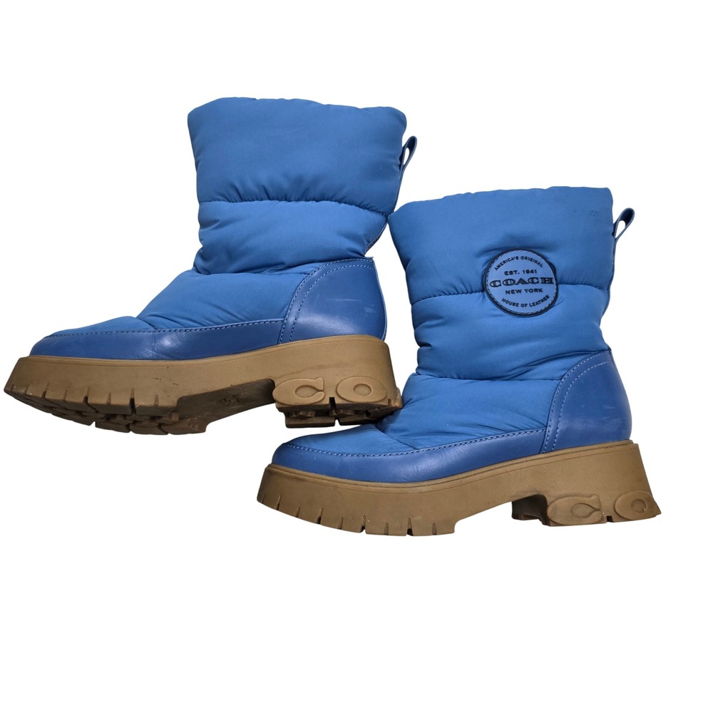 Coach Puffer Snow Boots Women Blue Leather Nylon Platform Lug Sole Good - Picture 2 of 9